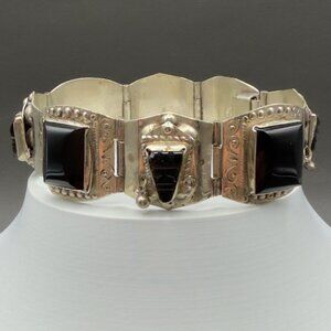 Vintage Estate Sterling Silver Black Onyx Bracelet Mask Tribal Face Panel Taxco